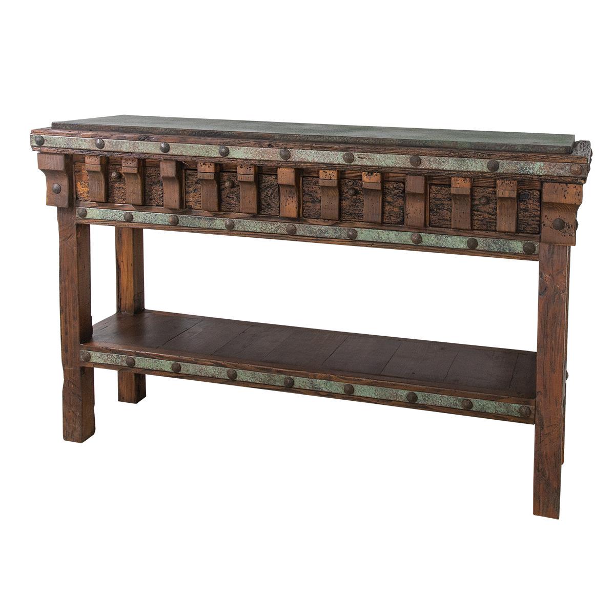 Fern Ridge Turquoise Copper & Hand-Carved Wood Console Table with Decorative Corbels - 72 x 18 x 44.5" H