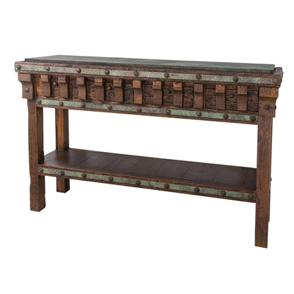 Fern Ridge Turquoise Copper & Hand-Carved Wood Console Table with Decorative Corbels - 72 x 18 x 44.5" H