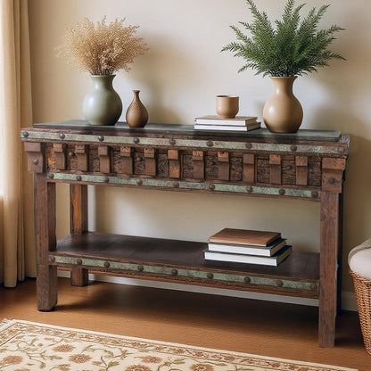 Fern Ridge Turquoise Copper & Hand-Carved Wood Console Table with Decorative Corbels - 72 x 18 x 44.5" H
