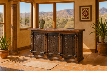 Ironclad Forge Bar with Chiseled Stone Top & Hammered Steel Panels