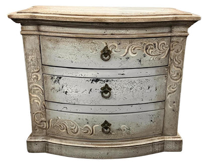 Meursault Nightstand, Distressed Silver Finish, Ornate Scrollwork and Curved Front Design