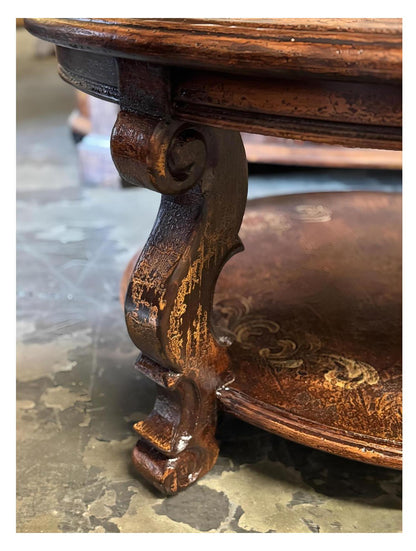 Rocamadour Coffee Table - Round, Antique Copper Brown, Two-Tier Round Shelves With Ornate Carved Legs