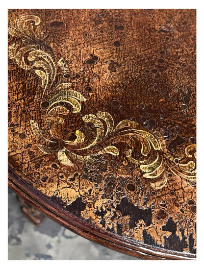 Rocamadour Coffee Table - Round, Antique Copper Brown, Two-Tier Round Shelves With Ornate Carved Legs