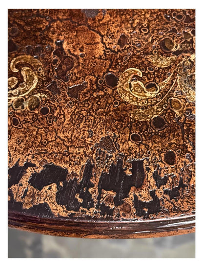 Rocamadour Coffee Table - Round, Antique Copper Brown, Two-Tier Round Shelves With Ornate Carved Legs