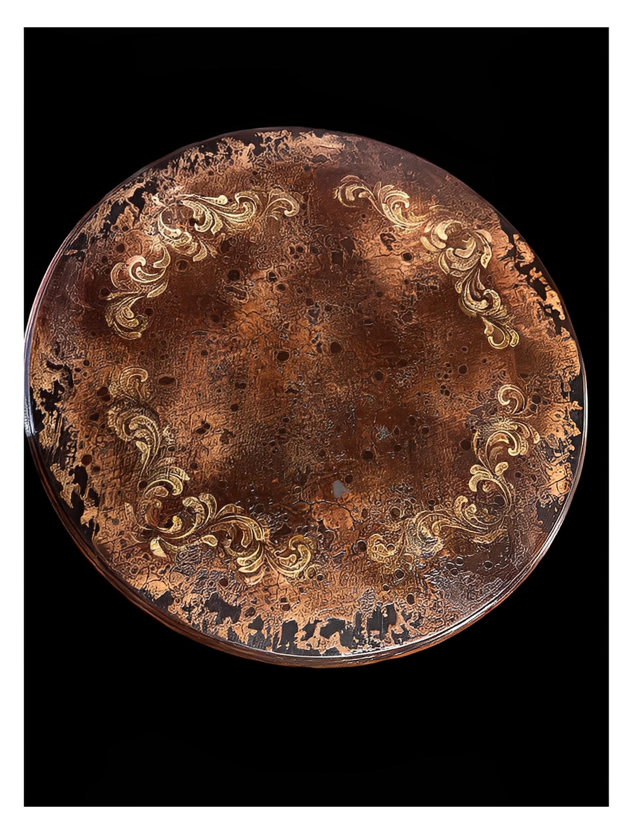 Rocamadour Coffee Table - Round, Antique Copper Brown, Two-Tier Round Shelves With Ornate Carved Legs