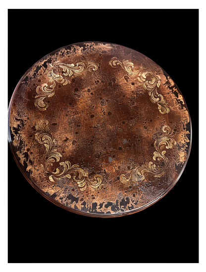 Rocamadour Coffee Table - Round, Antique Copper Brown, Two-Tier Round Shelves With Ornate Carved Legs