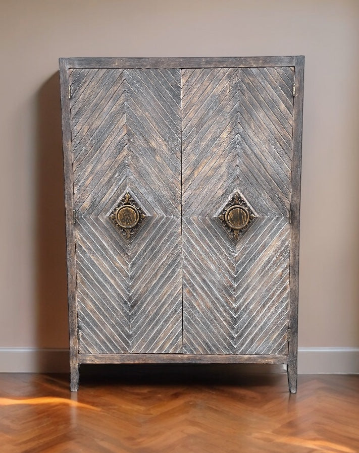 Apt Armoire, Dark Walnut, Chevron Wood Front With Antique Brass Knob
