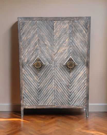 Apt Armoire, Dark Walnut, Chevron Wood Front With Antique Brass Knob