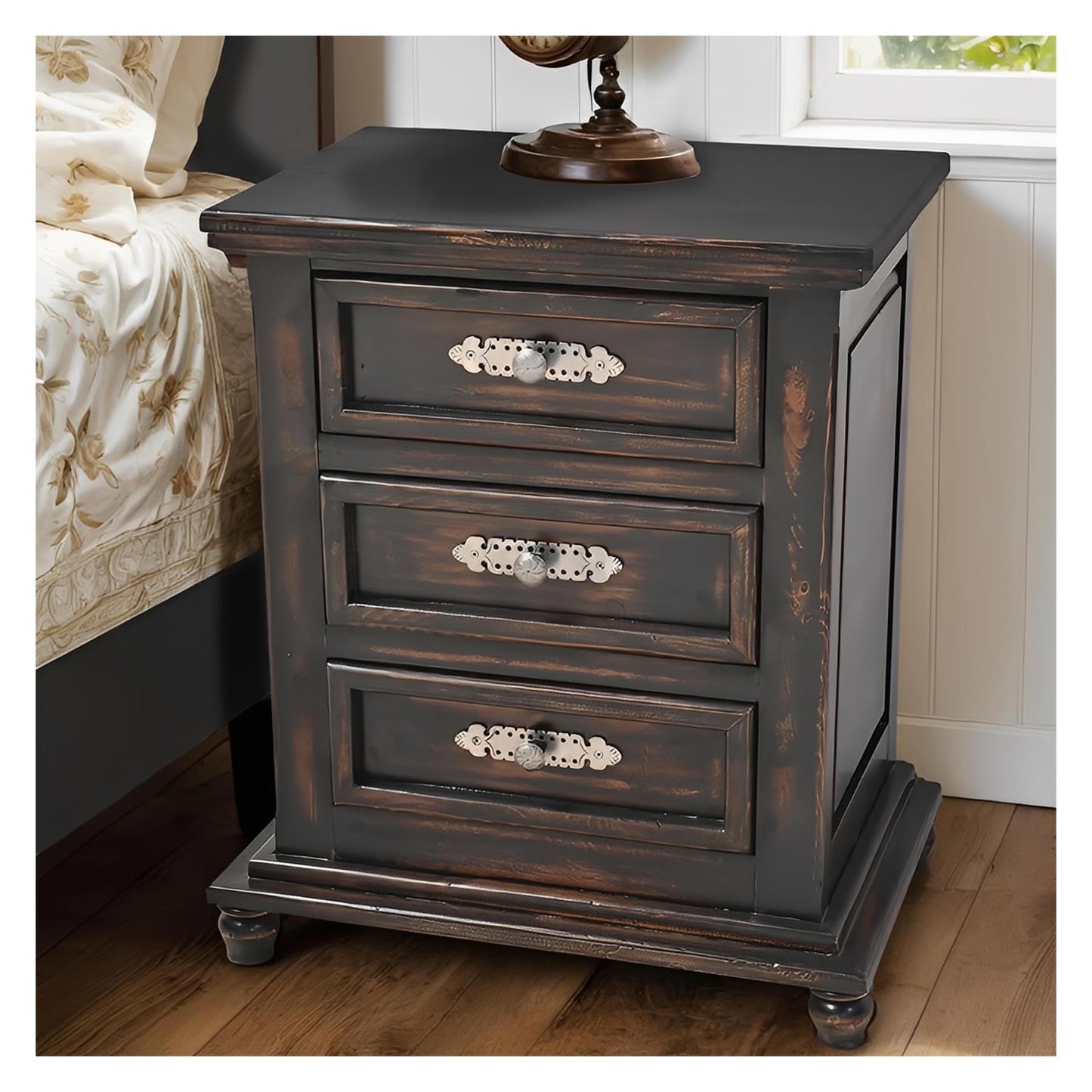 Night Moon Distressed Black Hand-Carved Wood Nightstands (2-Pack)