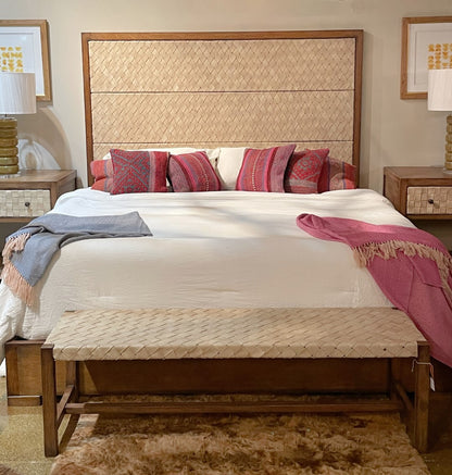 PARACAS KING BED 71" Tall | Coastal Style | Brown Wood Frame | Tan Woven Leather Headboard | Platform Bed Only | Includes Delivery and Assembly
