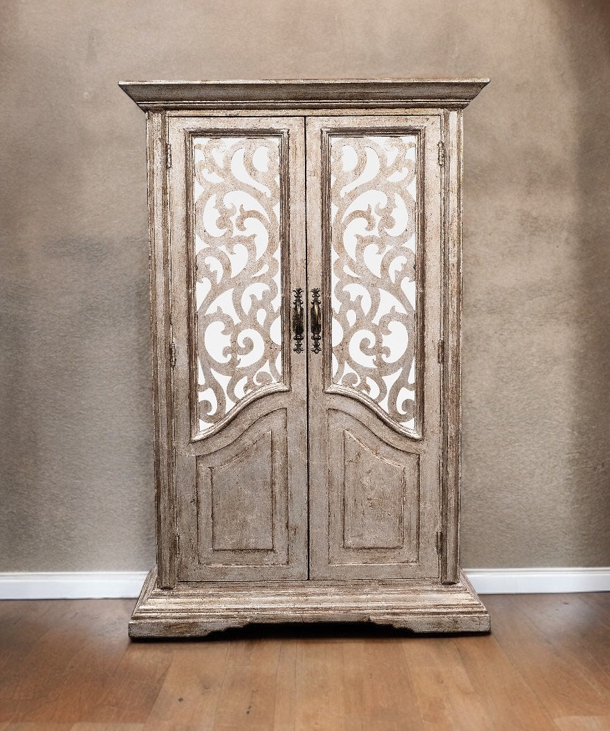 Bellême Armoire, Gray, Distressed Wood With Ornate Metal Lattice Panels
