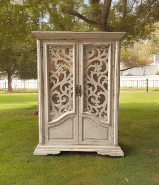 Belvès Armoire, Distressed White Finish, Intricate Carved Lattice Doors, Handcrafted