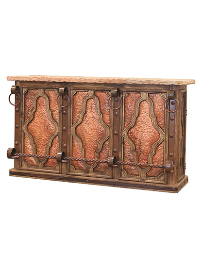 THE BLACKSMITHS RED BAR | VERDI-GRIS COPPER INSERTS, STONE TOP, FORGED IRON, WINE RACK