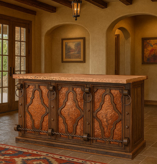 THE BLACKSMITHS RED BAR | VERDI-GRIS COPPER INSERTS, STONE TOP, FORGED IRON, WINE RACK