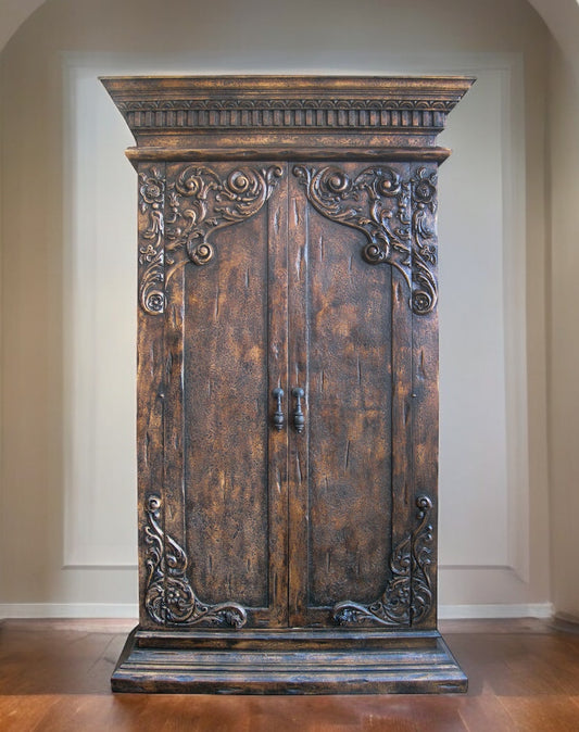 Beaune Armoire, Dark Antique Brown, Hand-Carved Floral Scrolls