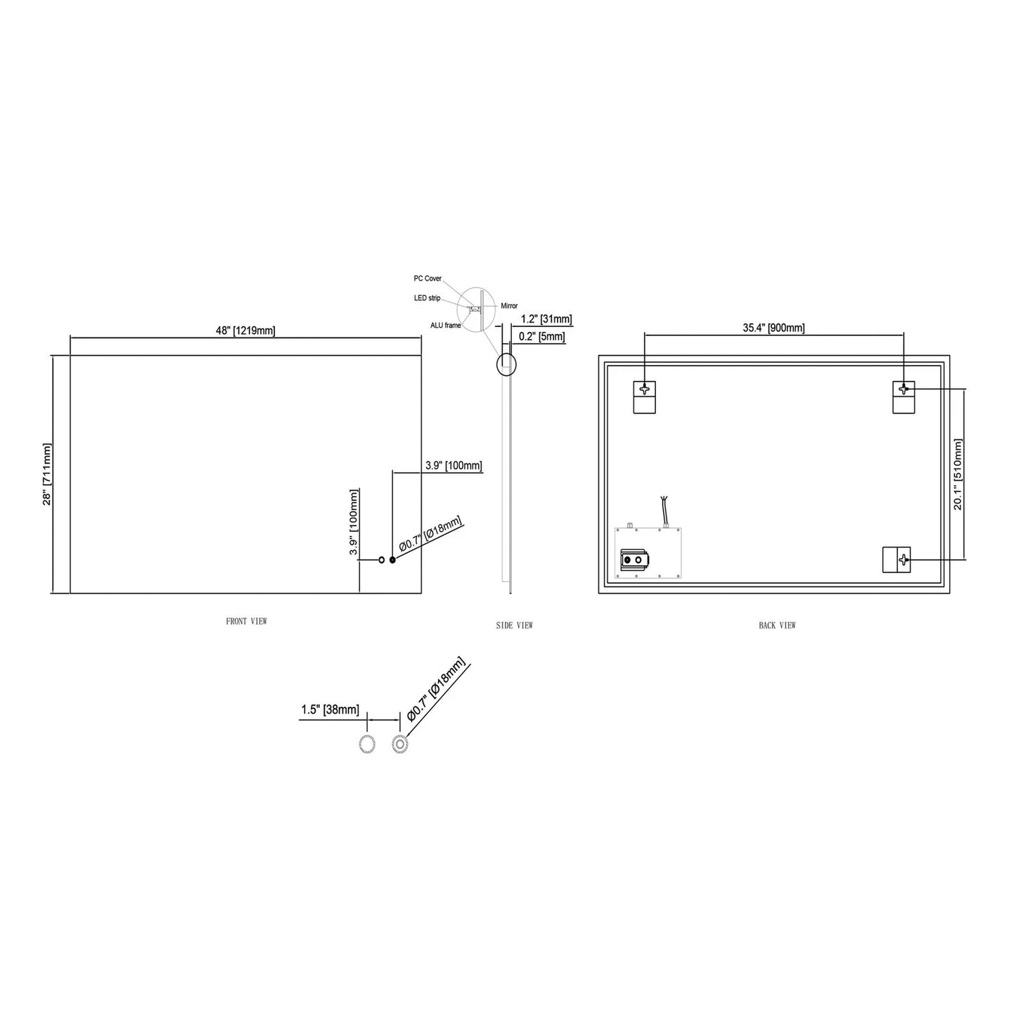 LUXOR LED VANITY SQUARE MIRROR - ADJUSTABLE TEMP. & BRIGHTNESS - 48 x 28