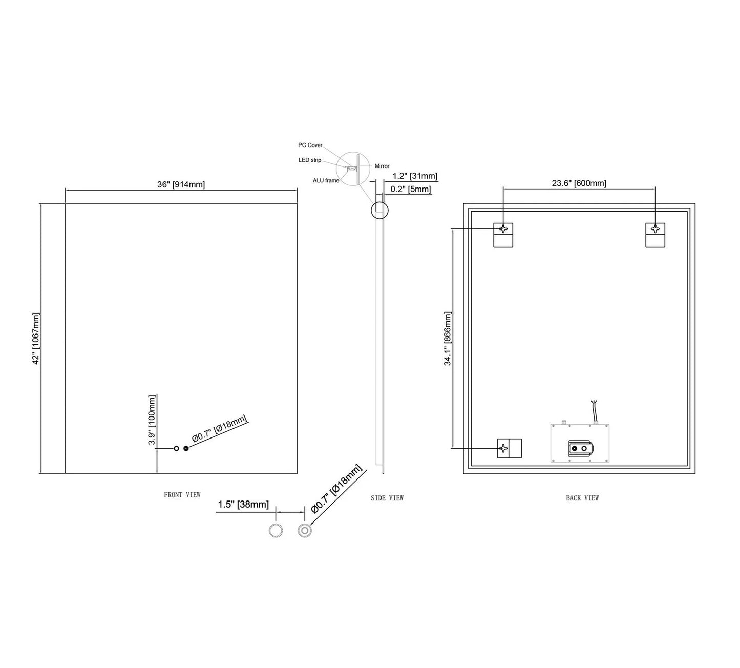 LUXOR LED VANITY SQUARE MIRROR - ADJUSTABLE TEMP. & BRIGHTNESS - 36 x 42