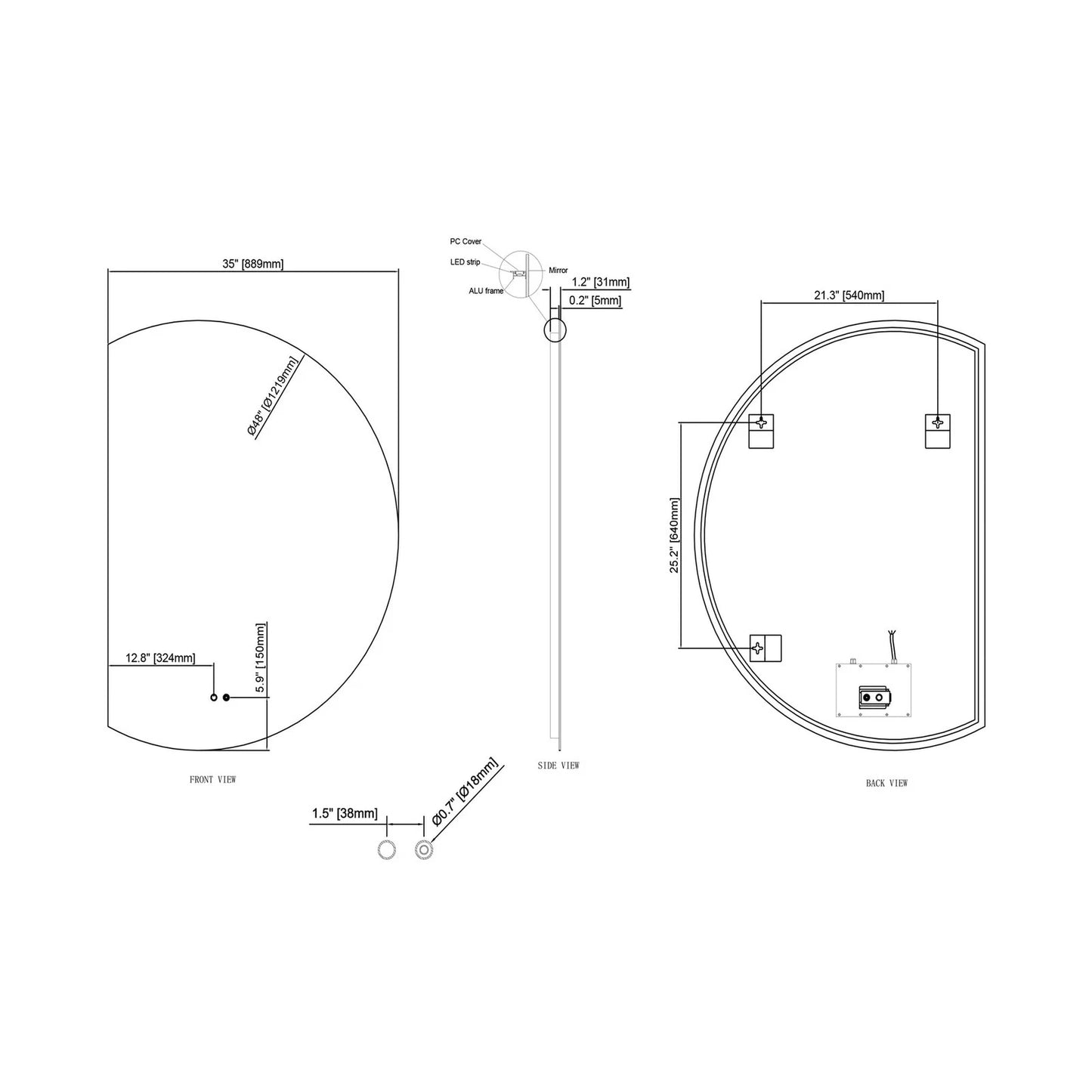 LUXOR HALF LED VANITY ROUND MIRROR - ADJUSTABLE TEMP. & BRIGHTNESS - 48 x 35