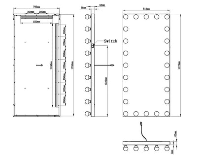 MIRA LED LIGHTED FULL-LENGTH HOLLYWOOD VANITY RECTANGLE MIRROR - 70 x 32