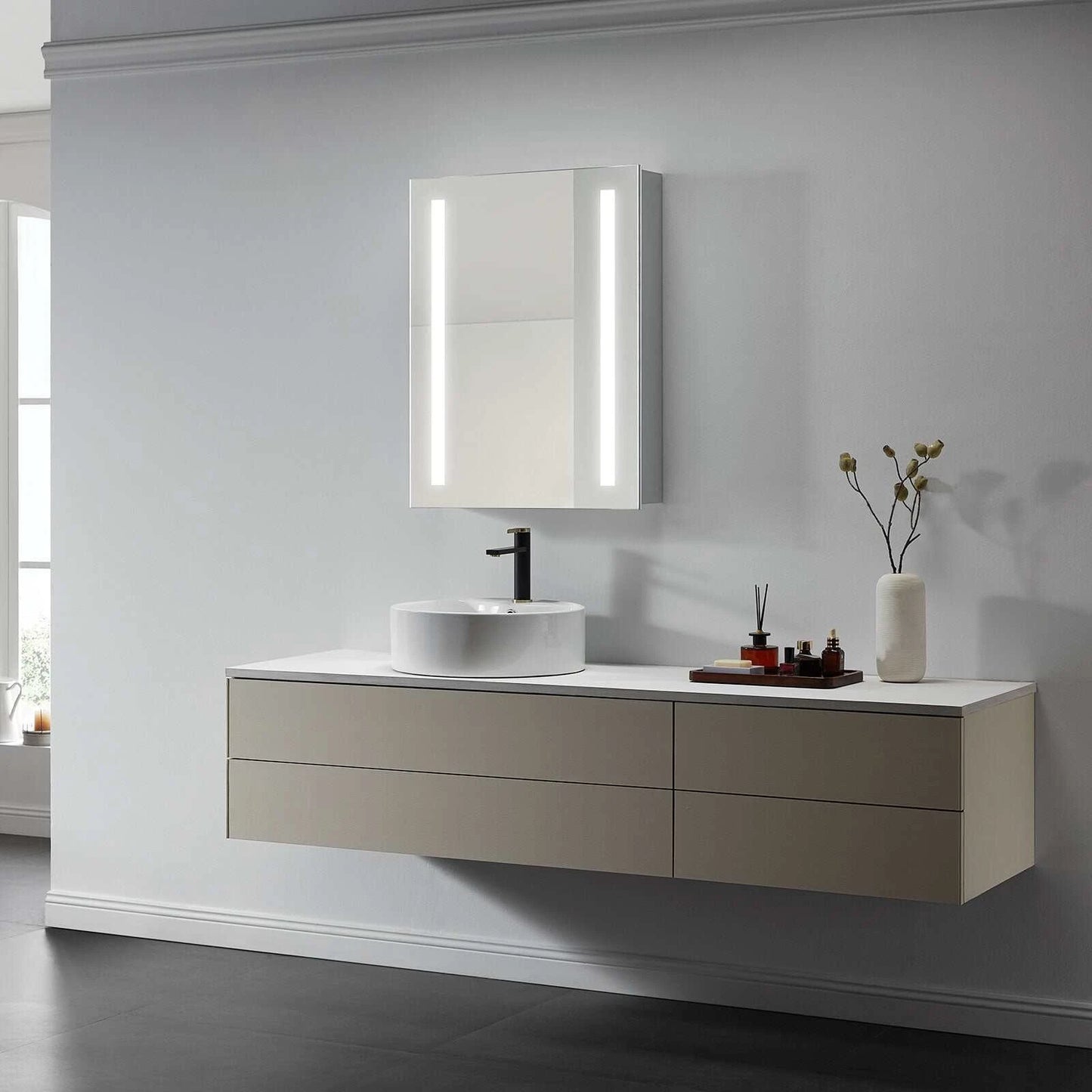 ZENORA LED LIGHTED BATHROOM CABINET VANITY SQUARE MIRROR - LEFT OPEN