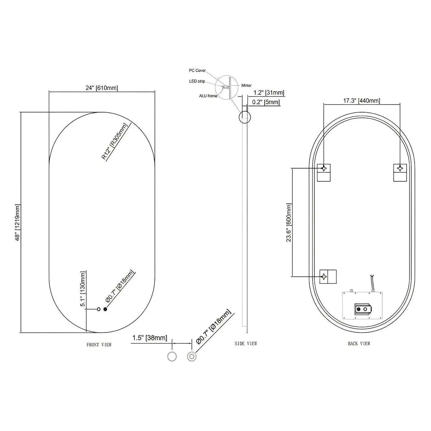 LUXOR PILL LED VANITY OVAL MIRROR - BACKLIT - ADJUSTABLE TEMP. & BRIGHTNESS - 24 x 48