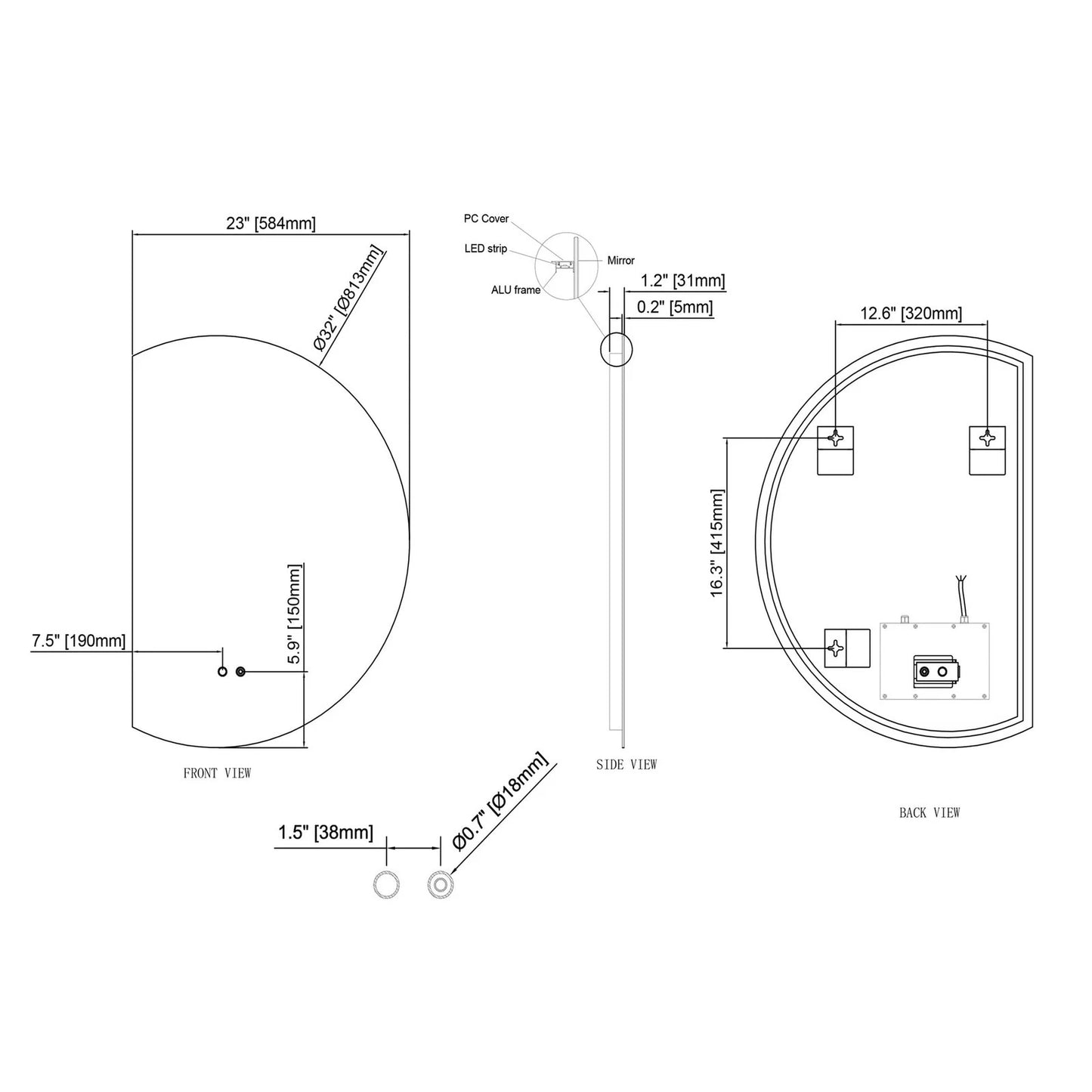 LUXOR HALF LED VANITY ROUND MIRROR - ADJUSTABLE TEMP. & BRIGHTNESS - 32 x 23