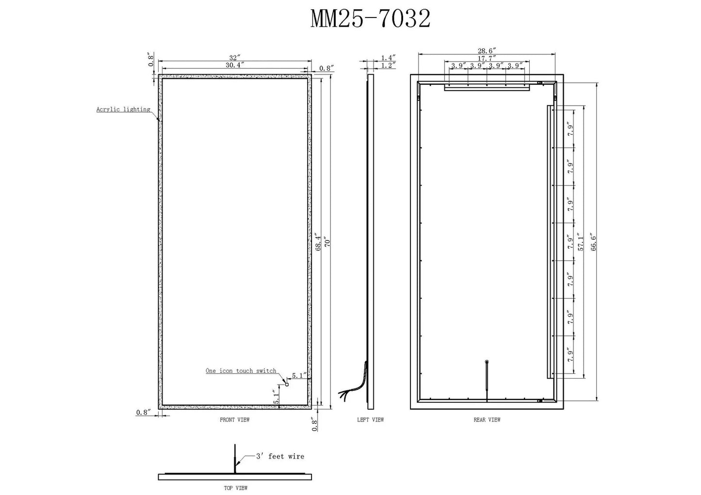 LYRA LED ILLUMINATED VANITY RECTANGLE MIRROR - 70 x 32