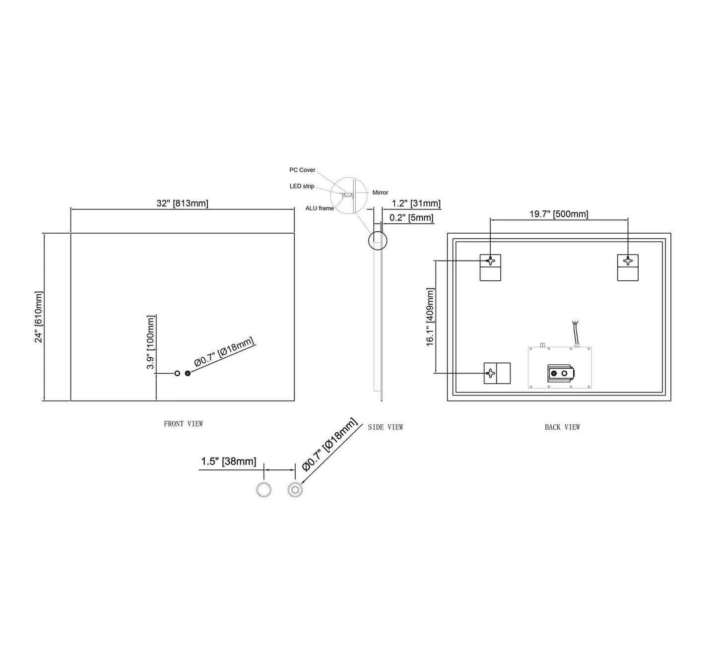 LUXOR LED VANITY SQUARE MIRROR - ADJUSTABLE TEMP. & BRIGHTNESS - 32 x 24