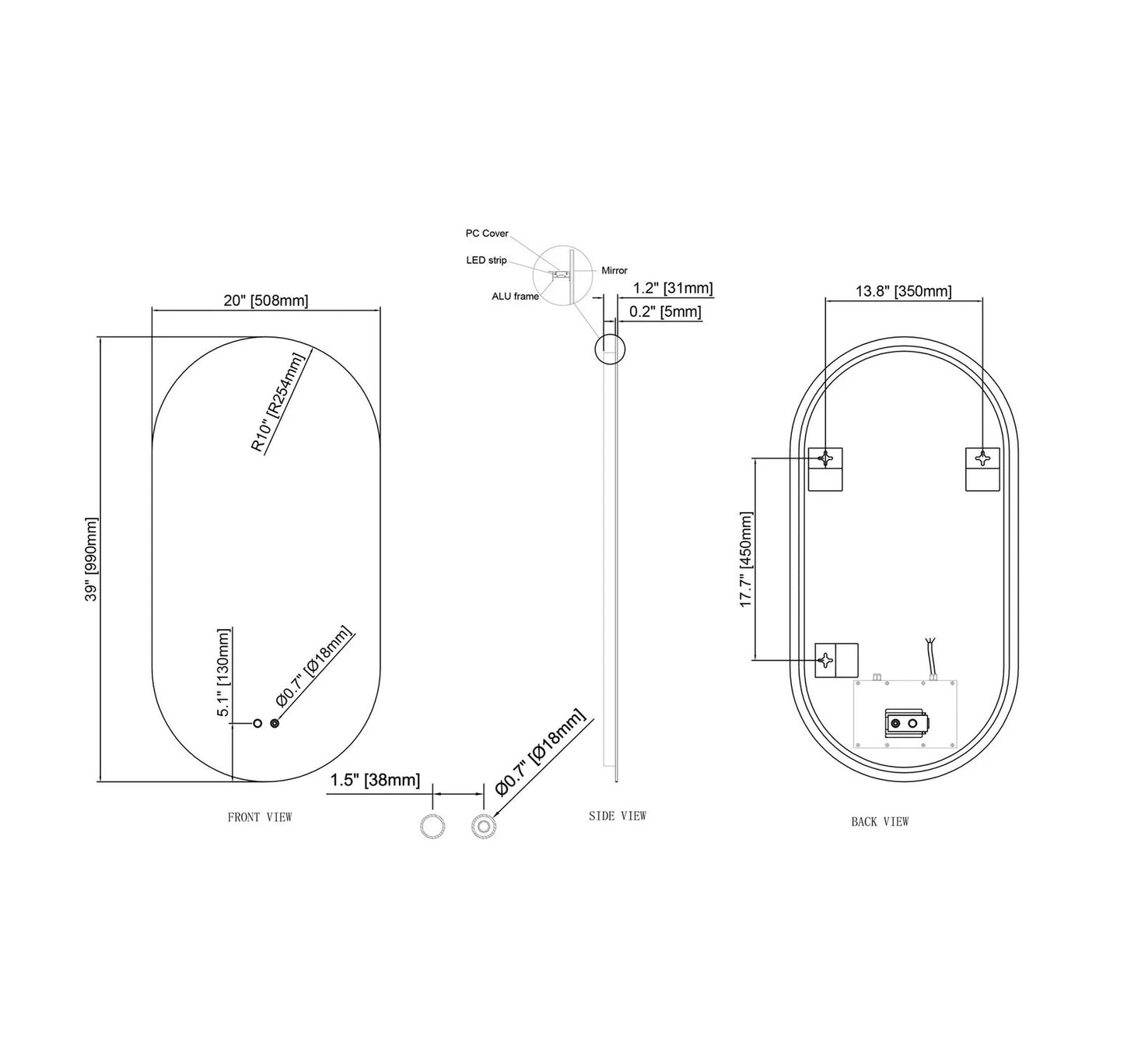 LUXOR PILL LED VANITY OVAL MIRROR - ADJUSTABLE TEMP. & BRIGHTNESS - 20 x 39