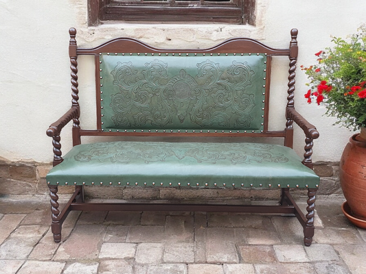 Bonnieux Bench, Green, Handstitched Upholstery With Embossed Pattern And Nailhead Trim