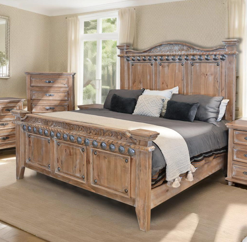 Sierra Mesa Rustic Oak Bed With Hand-Carved Headboard, Chic - Includes Full Service Delivery