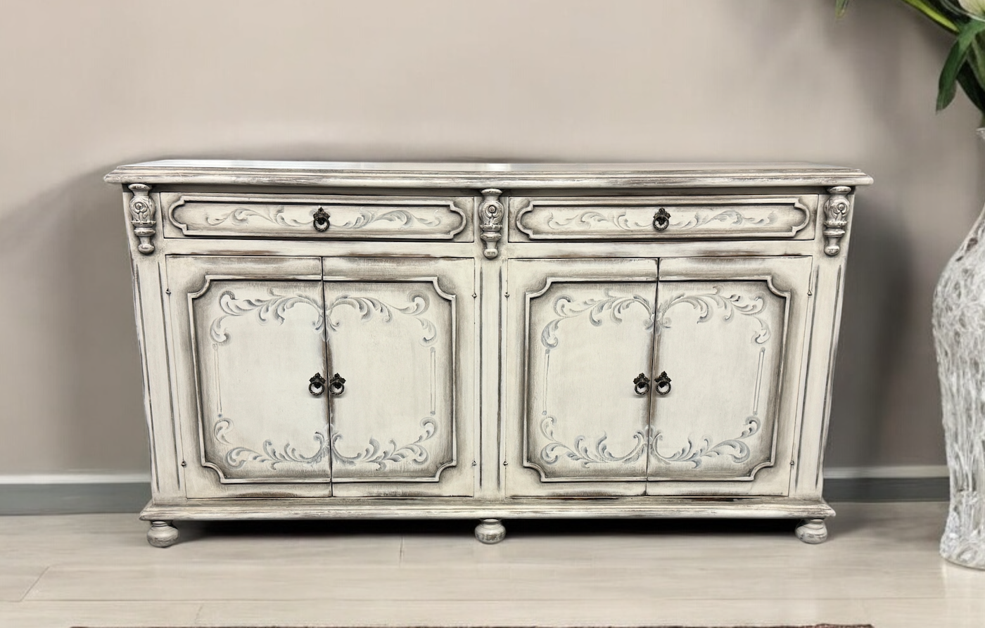 Marcilly-sur-Maulne Antique White Dining Room Buffet Table, Distressed Wood - 17.5 x 77.5 x 41.5