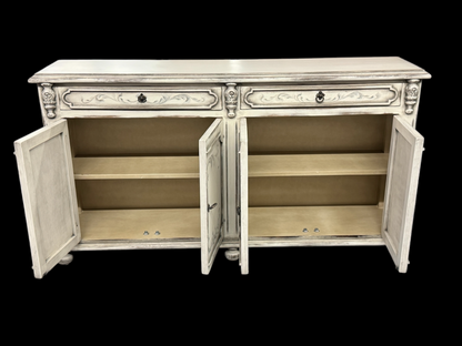 Marcilly-sur-Maulne Antique White Dining Room Buffet Table, Distressed Wood - 17.5 x 77.5 x 41.5