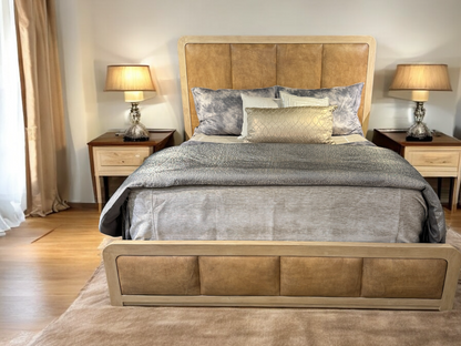 TAYLOR MODERN COASTAL PLATFORM KING BED 66" Tall | Headboard & Footboard Feature Tan Leather Upholstered Panels | Natural Wood Frame | Bed Only | Includes Delivery and Assembly