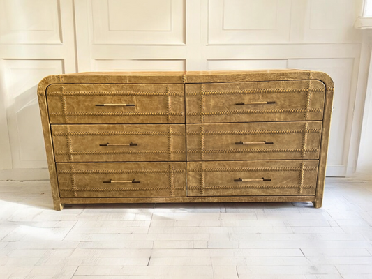 Dieulefit Dresser, Antique Gold Finish With Nailhead Studded Trim, Six Drawer Storage