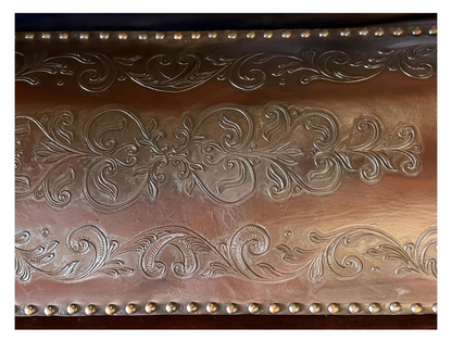 Blois Bench, Dark Brown Leather Upholstered Seat With Handcrafted Floral Tooling, Ornate Wood Frame