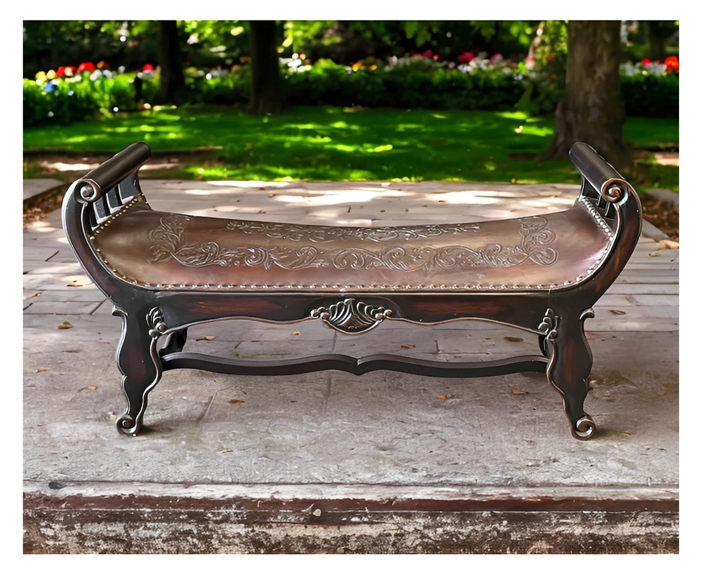 Blois Bench, Dark Brown Leather Upholstered Seat With Handcrafted Floral Tooling, Ornate Wood Frame