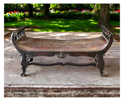 Blois Bench, Dark Brown Leather Upholstered Seat With Handcrafted Floral Tooling, Ornate Wood Frame