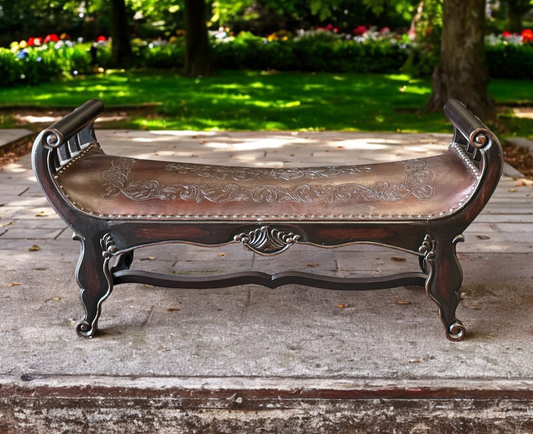 Blois Bench, Dark Brown Leather Upholstered Seat With Handcrafted Floral Tooling, Ornate Wood Frame