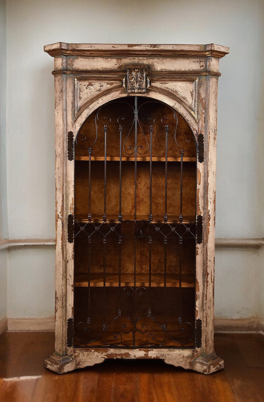 Bagnoles Armoire, Antique White, Distressed Finish With Wrought Iron Scrollwork Grille