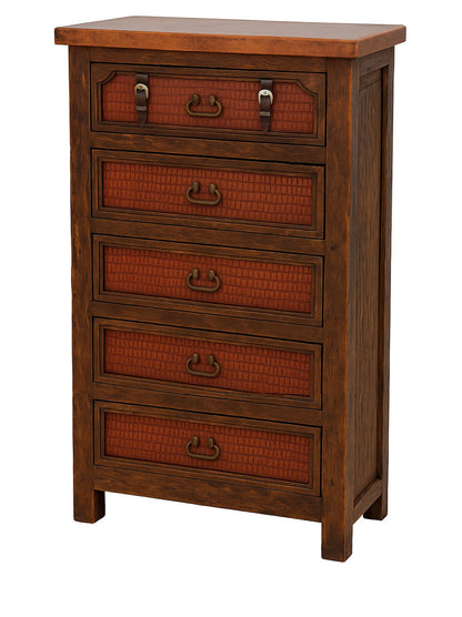 Sierra Saddle Dark Walnut Bedroom Set (5-Piece) With Dark Red Crocodile Print Leather & Strap Accents, Hand-Carved - Includes Full Service Delivery