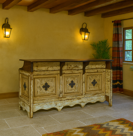El Paso Cantina Bar – Antique White Distressed Wood with Iron Accents