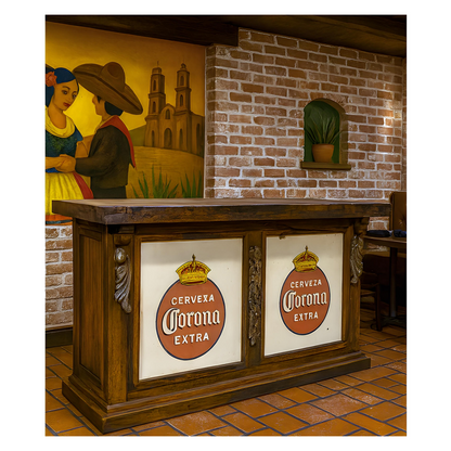 Rustic Home Bar with Vintage Corona Cerveza Panels & Distressed Wood Finish