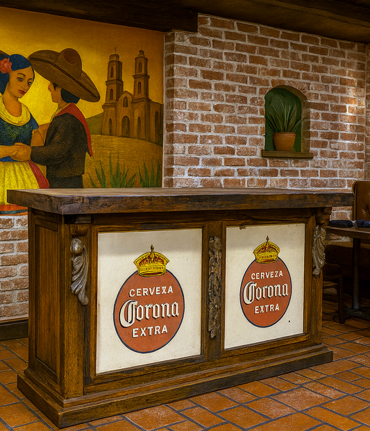 Rustic Home Bar with Vintage Corona Cerveza Panels & Distressed Wood Finish